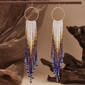Multi Blue Boho Seed Bead Fringe Earrings
